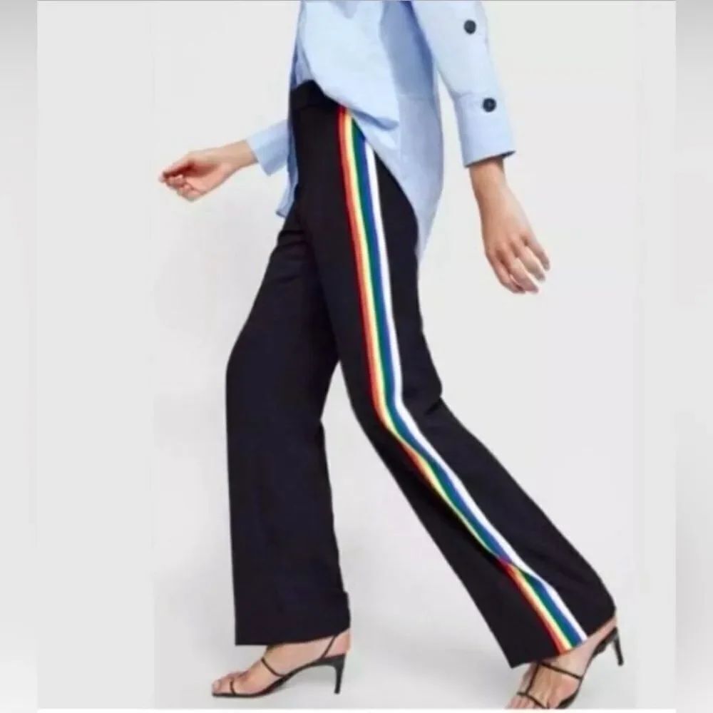 NWOT Zara Women’s Flowing Rainbow Rib Striped Elastic Waist Trousers Pride XS